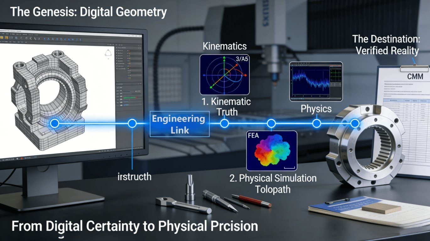 A clear visual chain in a modern lab: from a 3D CAD model on a screen, through key nodes of kinematic coordinate systems, physics-based force/heat simulation, and optimized G-code, to a flawless physical part with a matching CMM report, illustrating the deterministic engineering principles of CNC milling.