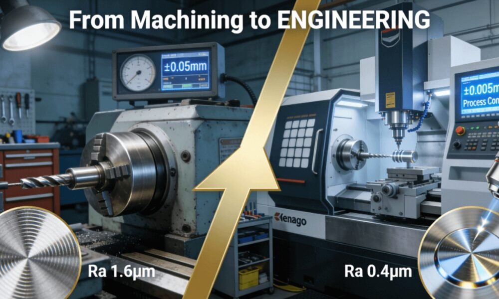 A detailed comparison between conventional and precision CNC turning, highlighting the leap in tolerance (from ±0.05mm to ±0.005mm), surface finish, and the importance of process control in modern manufacturing.