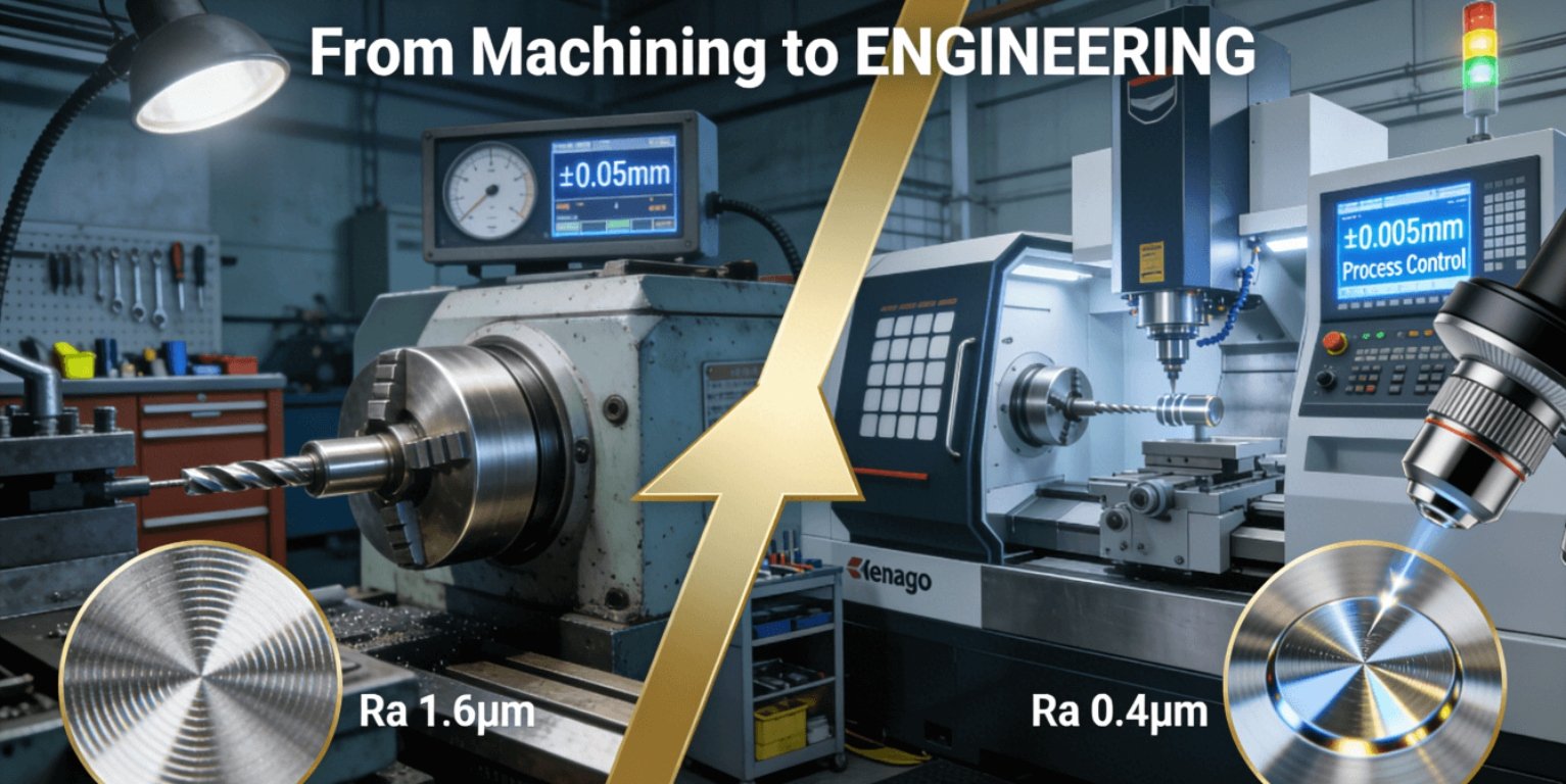 A detailed comparison between conventional and precision CNC turning, highlighting the leap in tolerance (from ±0.05mm to ±0.005mm), surface finish, and the importance of process control in modern manufacturing.