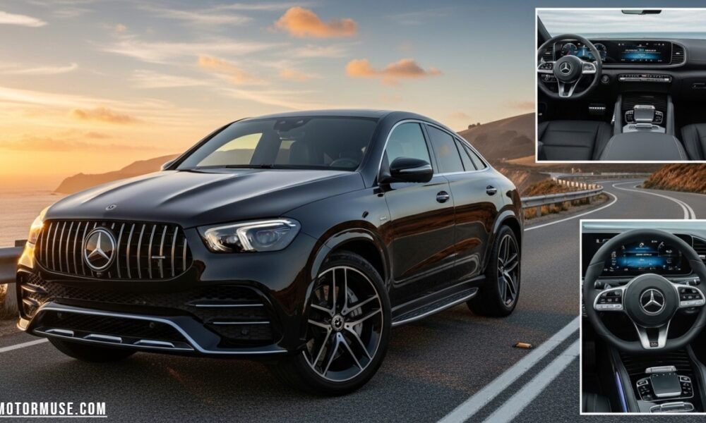 Mercedes-Benz GLE Coupe on road, showcasing sleek coupe design, luxury SUV features, and modern exterior styling