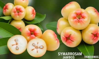 Fresh pomarrosa fruit (rose apple) on a branch, showing its vibrant color, unique shape, and tropical appeal