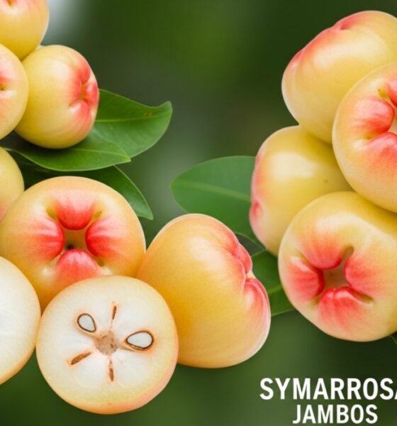 Fresh pomarrosa fruit (rose apple) on a branch, showing its vibrant color, unique shape, and tropical appeal