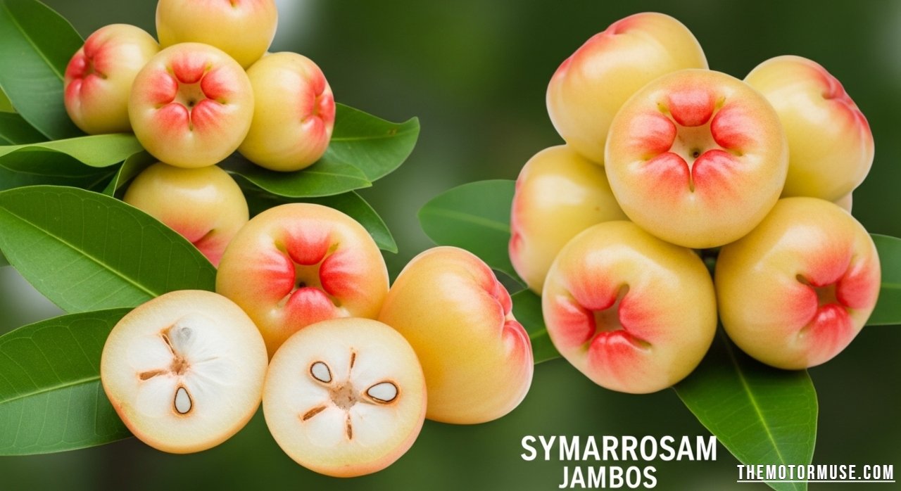 Fresh pomarrosa fruit (rose apple) on a branch, showing its vibrant color, unique shape, and tropical appeal